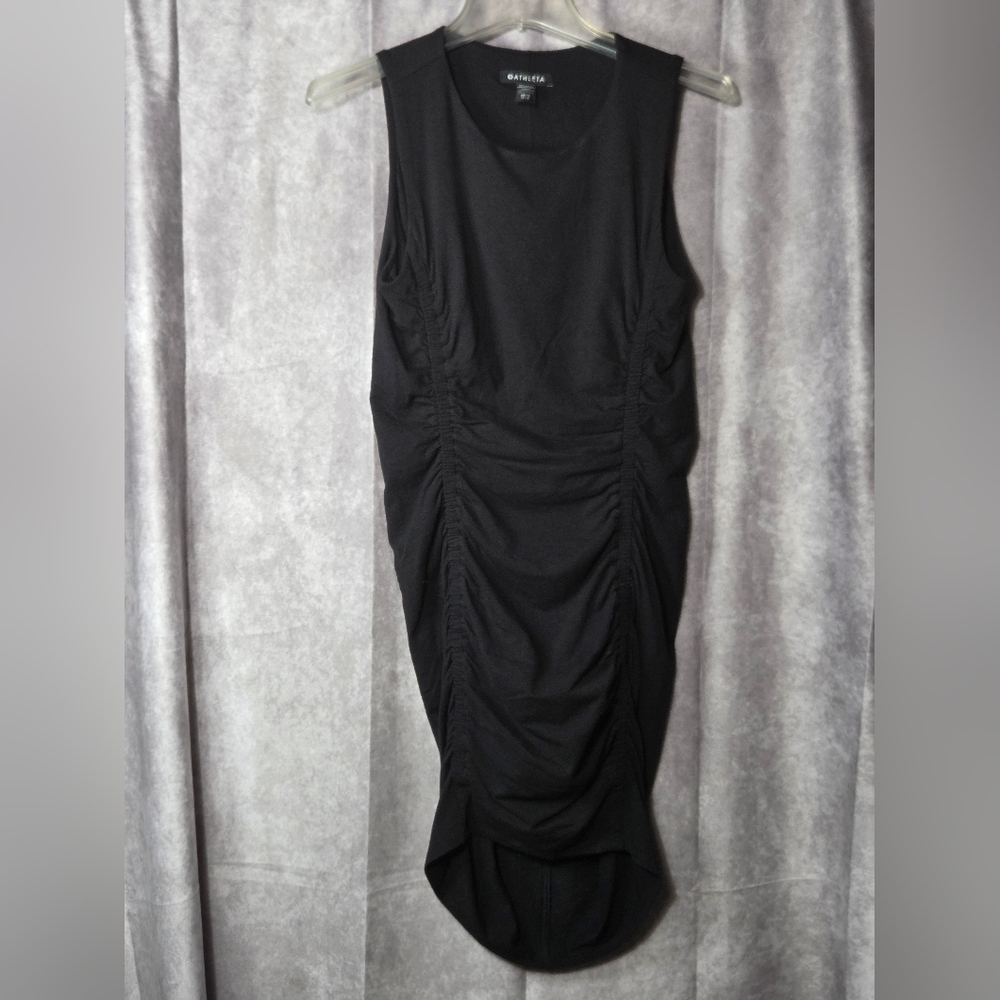 Athleta Stella Dress Black Womens XS Bodycon Mini Minimalist Athletic Ruched EUC